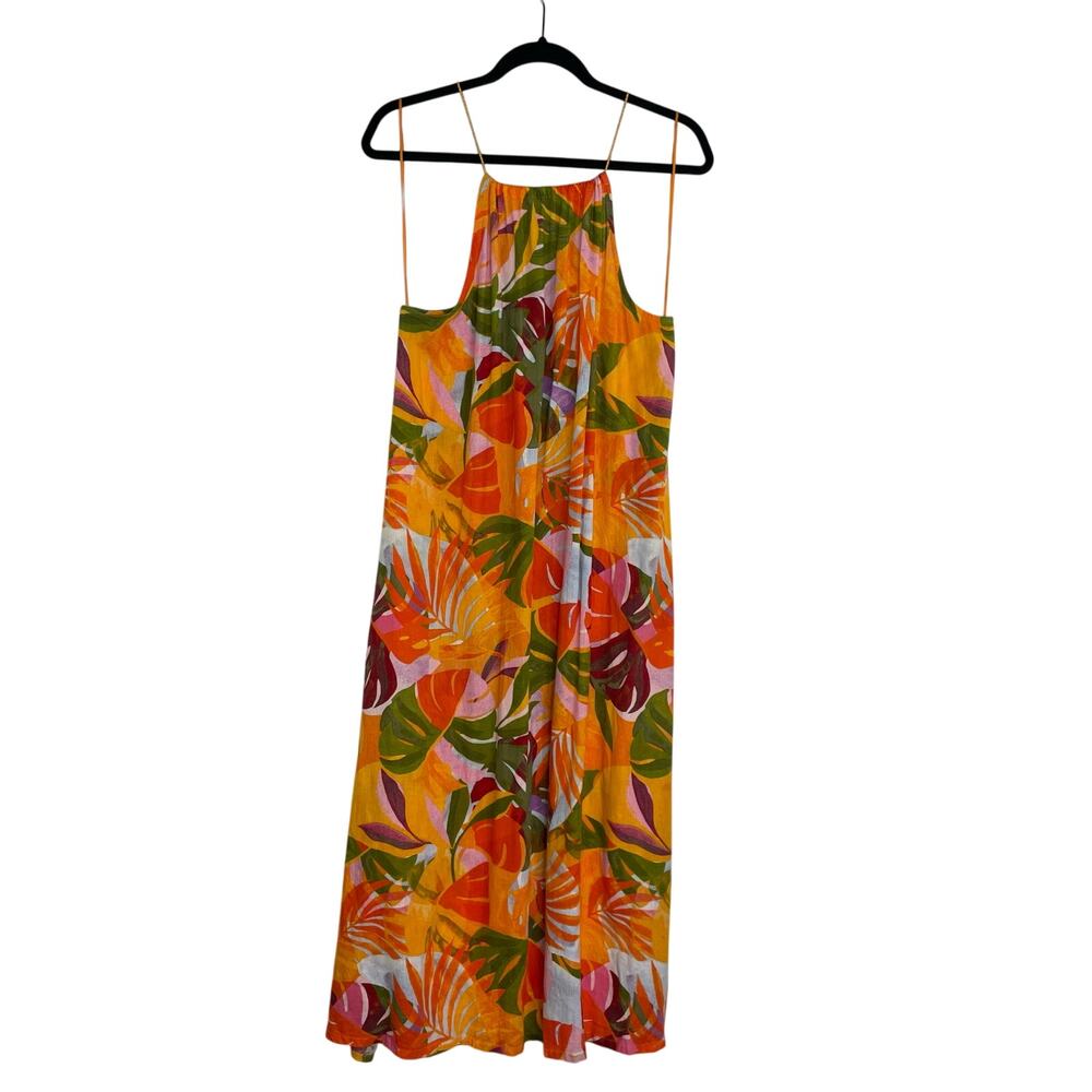 C&C California Orange Tropical Halter Midi Dress Size Large Pockets Linen Blend